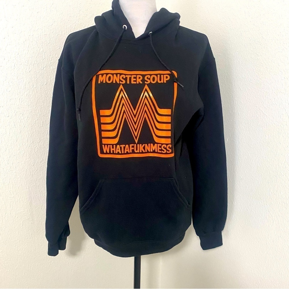 JERZEES Graphic “MONSTER SOUP” Black & Orange Hoodie Size Medium Unisex